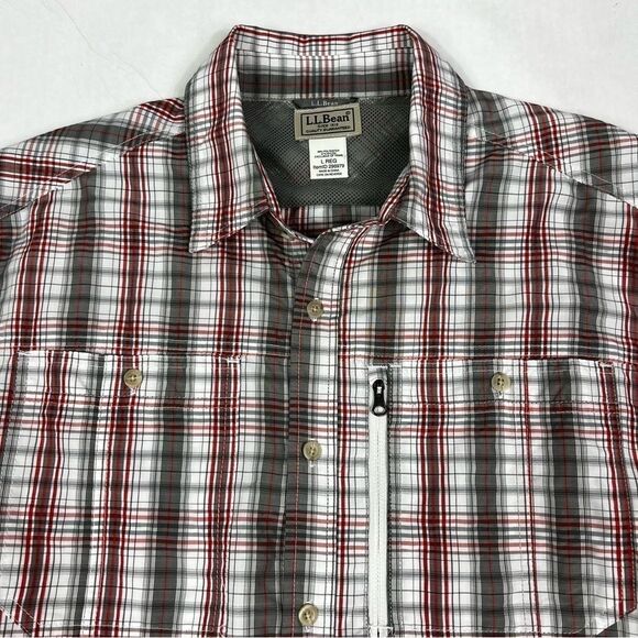 L.L. Bean Grey Red Plaid Nylon Blend Outdoor Hiking Short Sleeve Button Shirt - Picture 3 of 9